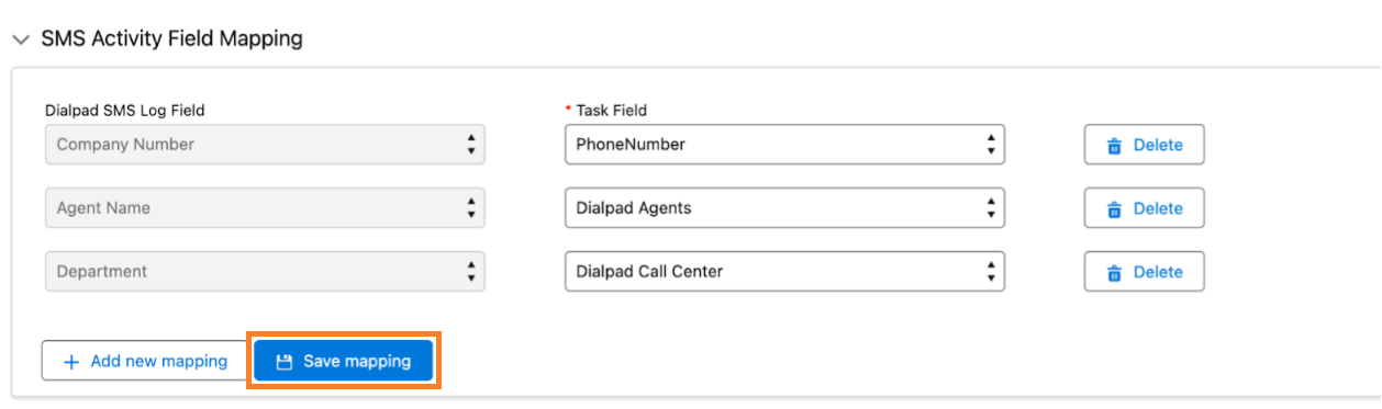 Screenshot of the 'SMS Activity Field Mapping' interface showing mapping rows between Dialpad SMS Log Fields and Salesforce Task Fields, with an orange box highlighting the blue 'Save mapping' button.