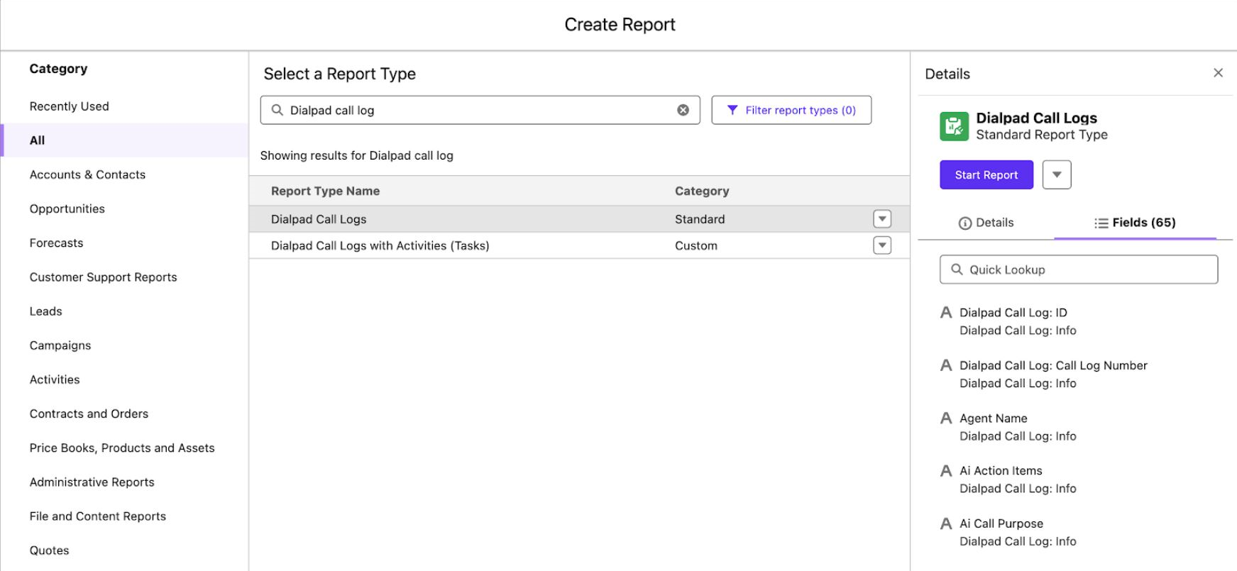 Screenshot of the Salesforce 'Create Report' modal with 'Dialpad call log' searched in the Report Type field, highlighting 'Dialpad Call Logs' selected in the list and details panel on the right.
