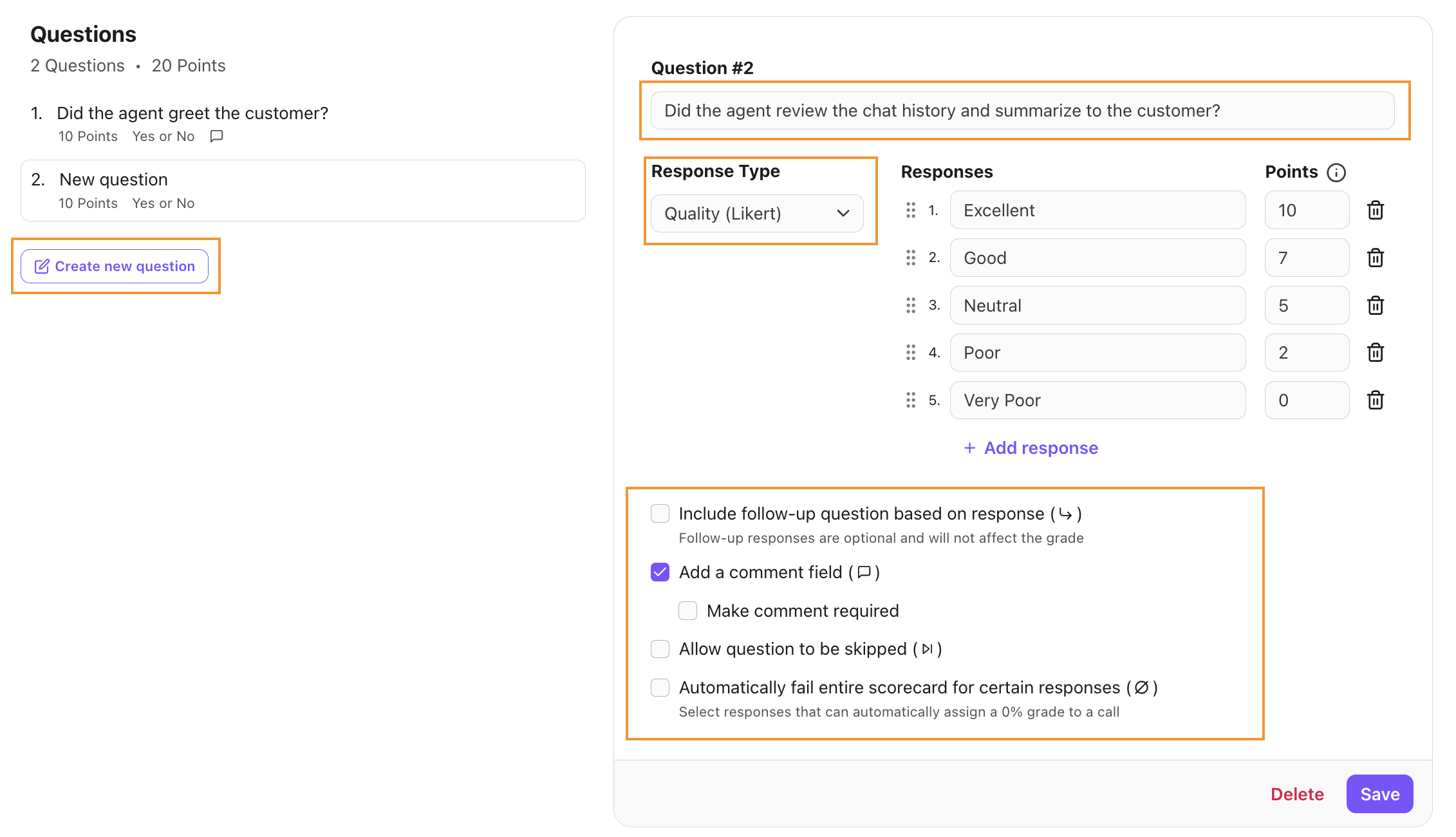 Scorecard question editor screen displaying question title, response type dropdown, point values, and options for comments or automatic failure rules.