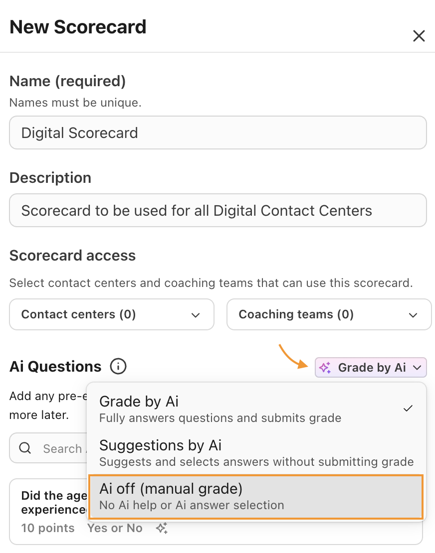 Dialpad AI Scorecards creation menu with fields for scorecard name, description, and the grading method set to "AI off (manual grade)".