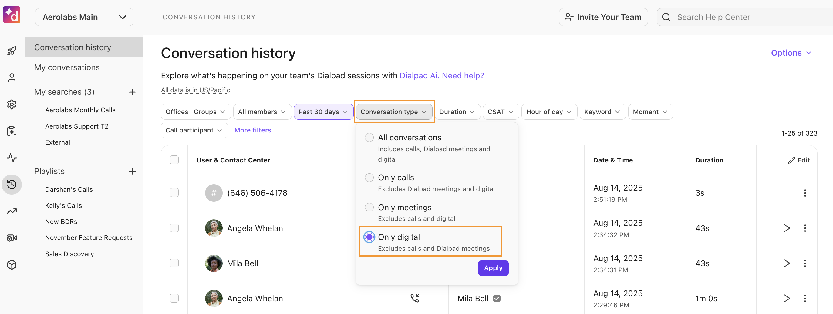 Dialpad Conversation History view with the Conversation Type filter set to "Only digital". 