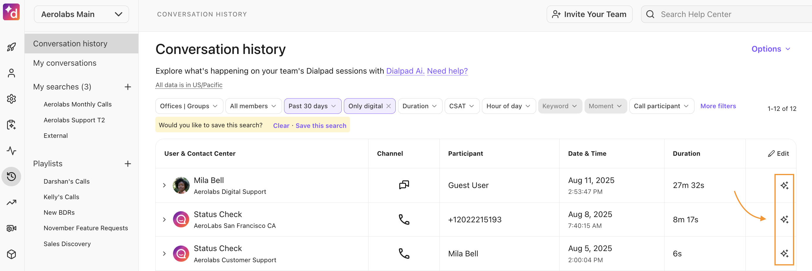 Dialpad Conversation History view with the Conversation Type filter set to "Only digital" and highlighting the AI logo next to a conversation thread.