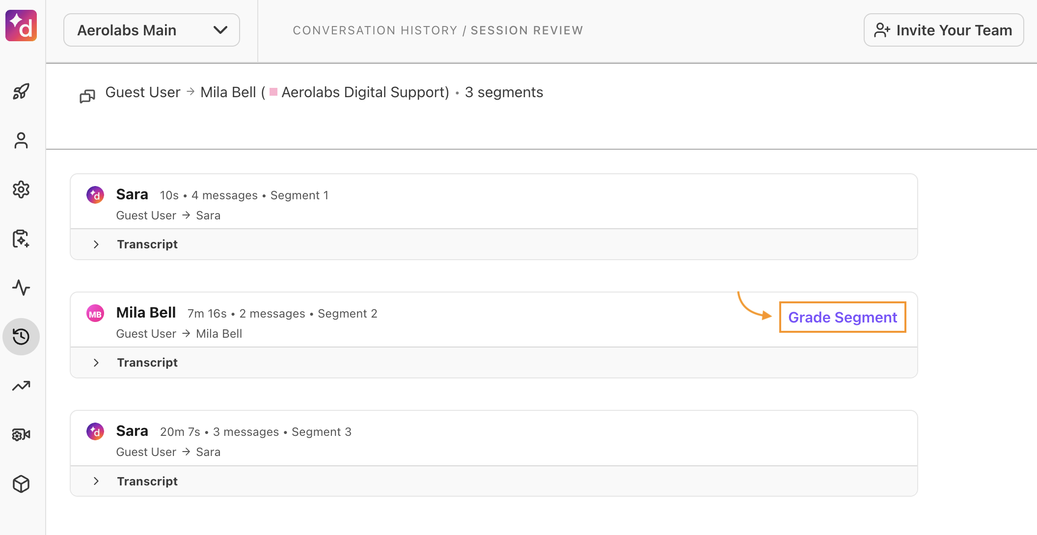 Conversation transcript panel displaying individual agent interaction segments alongside the "Grade segment" button.