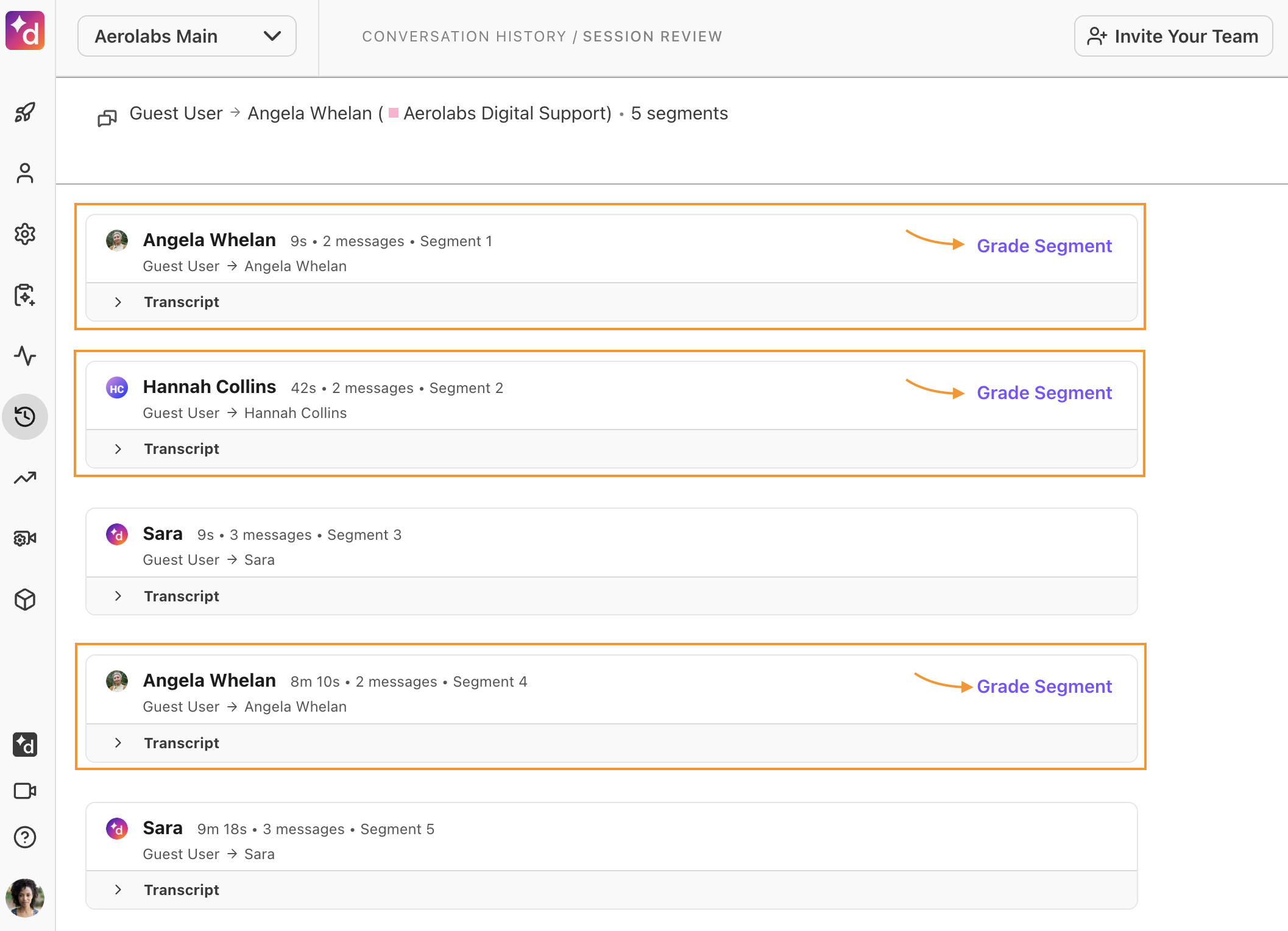 Conversation transcript panel displaying individual agent interaction segments alongside the "Grade segment" button and scorecard selection list.