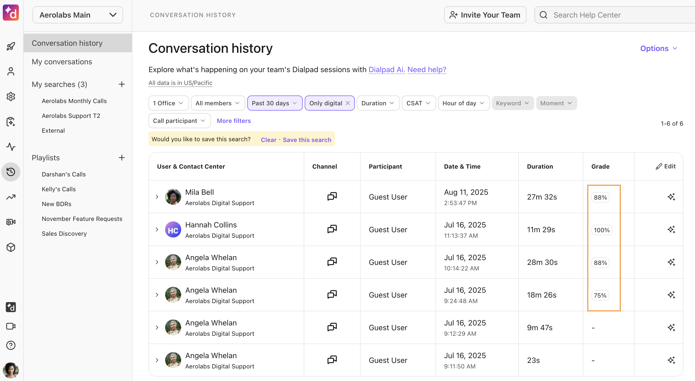 Dialpad Conversation History table displaying call logs, customer details, and a dedicated "Grade" column displaying percentage scores assigned to digital interactions.
