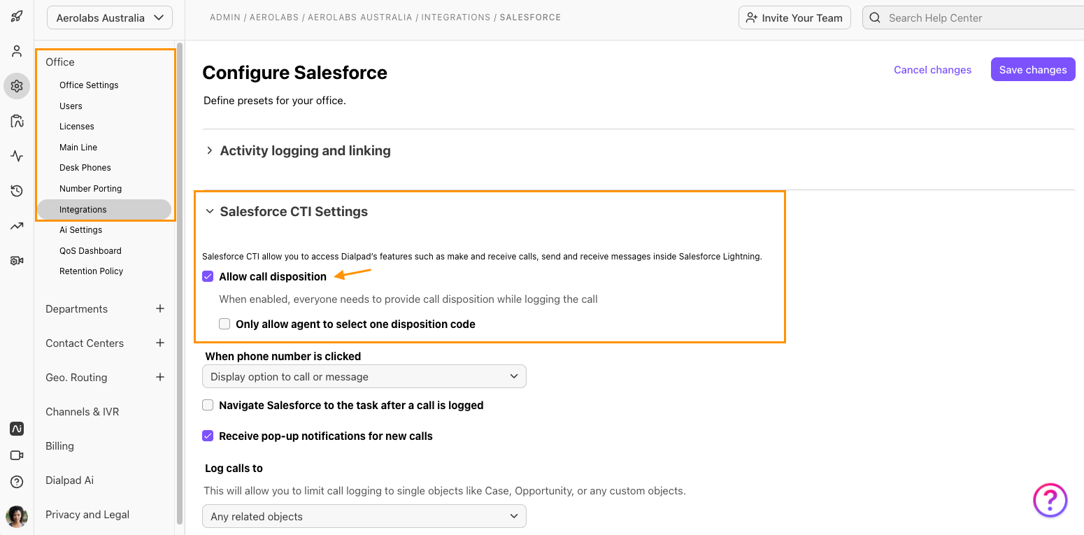 Screenshot of the Dialpad 'Configure Salesforce' office page featuring orange boxes and an arrow highlighting 'Integrations' in the left menu and the checked 'Allow call disposition' checkbox under 'Salesforce CTI Settings'.