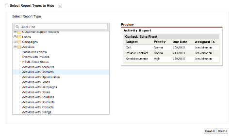 Screenshot of the Salesforce 'Select Report Type' window under the 'Activities' folder, highlighting the 'Activities with Contacts' option alongside a report preview panel on the right.