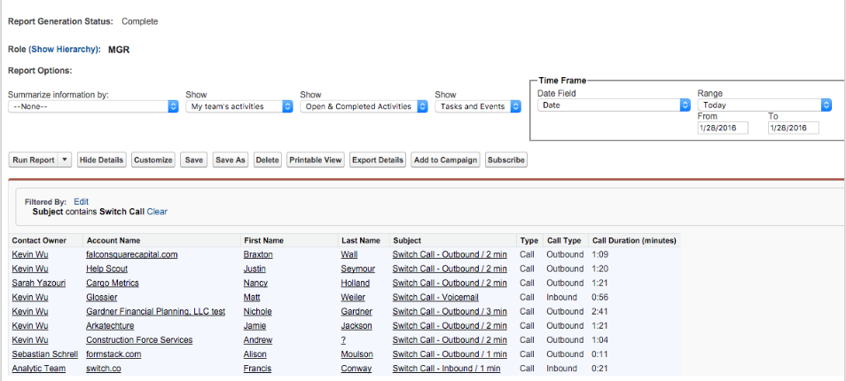 Screenshot of a Salesforce Activity Report interface showing suggested filter settings (such as 'My team's activities' and 'Open & Completed Activities') and tabular results displaying fields including Contact Owner, Account Name, First Name, Last Name, Subject, Type, Call Type, and Call Duration.