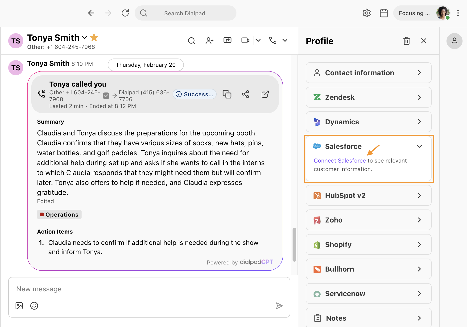 Screenshot of the Dialpad desktop app displaying a chat conversation with Tonya Smith, featuring an orange box and arrow highlighting the 'Connect Salesforce' link inside the Salesforce widget in the right profile sidebar.