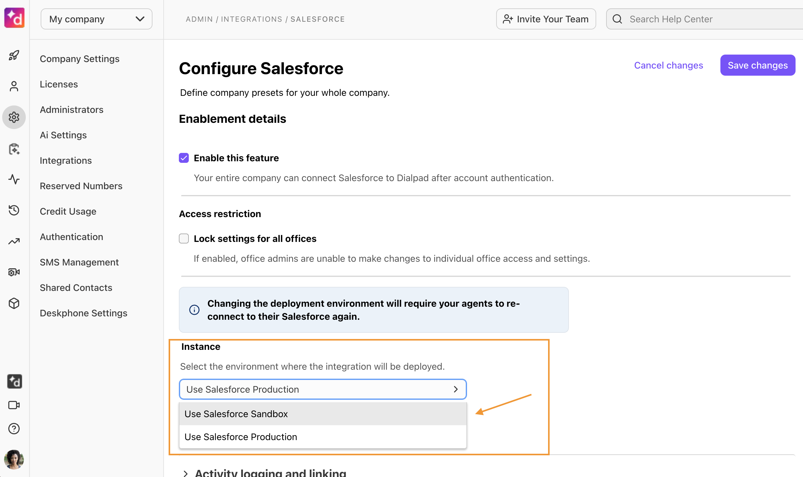 Screenshot of the Dialpad 'Configure Salesforce' company settings page with an orange box highlighting the 'Instance' dropdown menu and an orange arrow pointing to the selected 'Use Salesforce Sandbox' option.