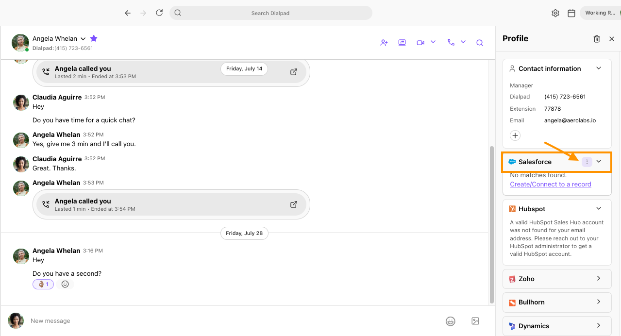 Screenshot of the Dialpad desktop app displaying a conversation with Angela Whelan, featuring an orange box and arrow highlighting the three vertical dots options menu inside the right profile sidebar's Salesforce widget.