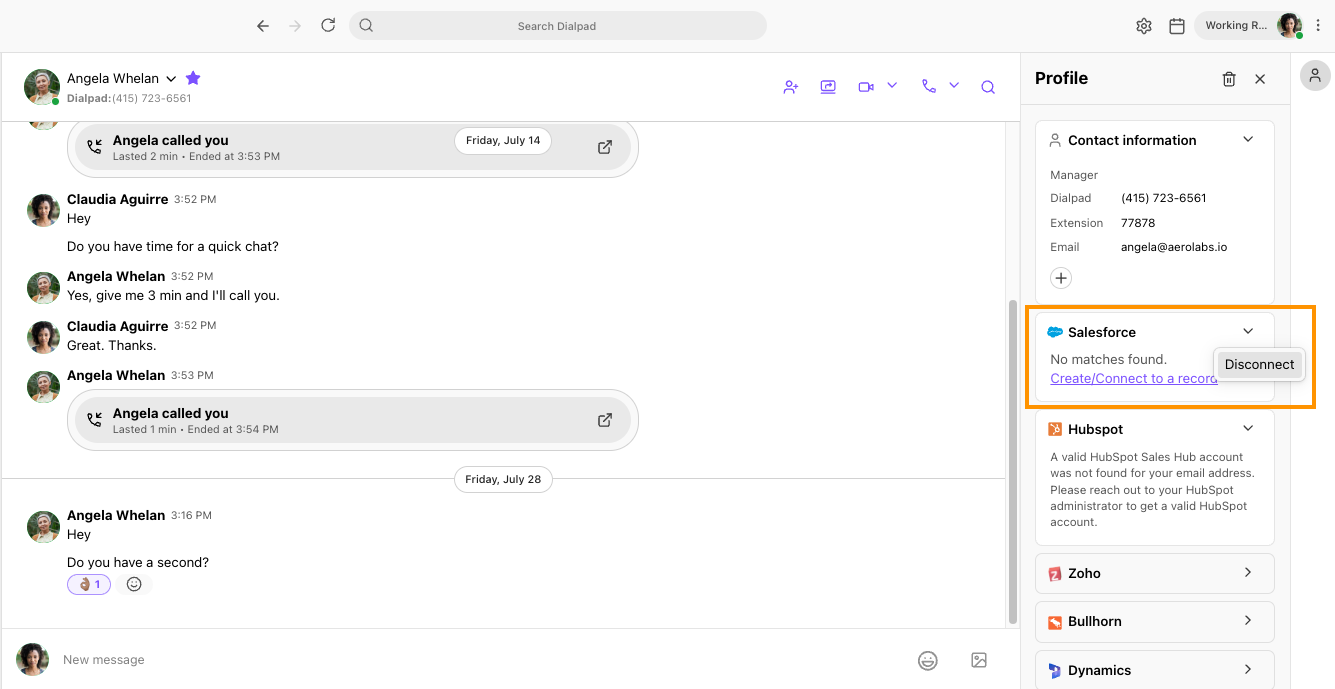Screenshot of the Dialpad desktop application with an orange box and arrow highlighting the three vertical dots options menu on the Salesforce widget in the right profile panel.