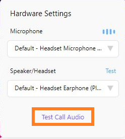 Screenshot of the Dialpad Hardware Settings menu displaying dropdowns for Microphone and Speaker/Headset, featuring an orange box highlighting the 'Test Call Audio' button at the bottom.