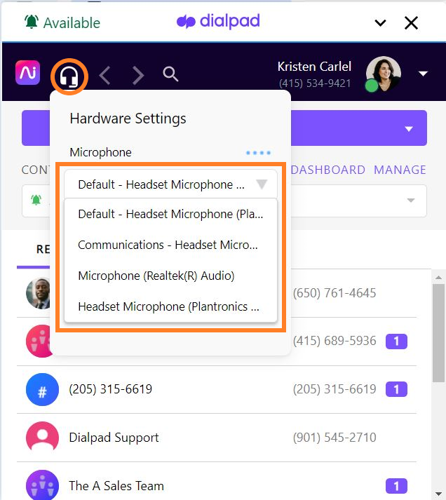Screenshot of the Dialpad CTI component with orange boxes highlighting the headset icon and the open 'Microphone' dropdown menu under Hardware Settings showing available audio devices.