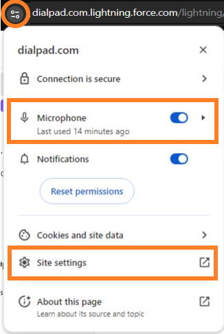Screenshot of a web browser address bar and permissions pop-up menu featuring orange boxes highlighting the 'View site information' icon, the enabled 'Microphone' toggle switch, and the 'Site settings' link.