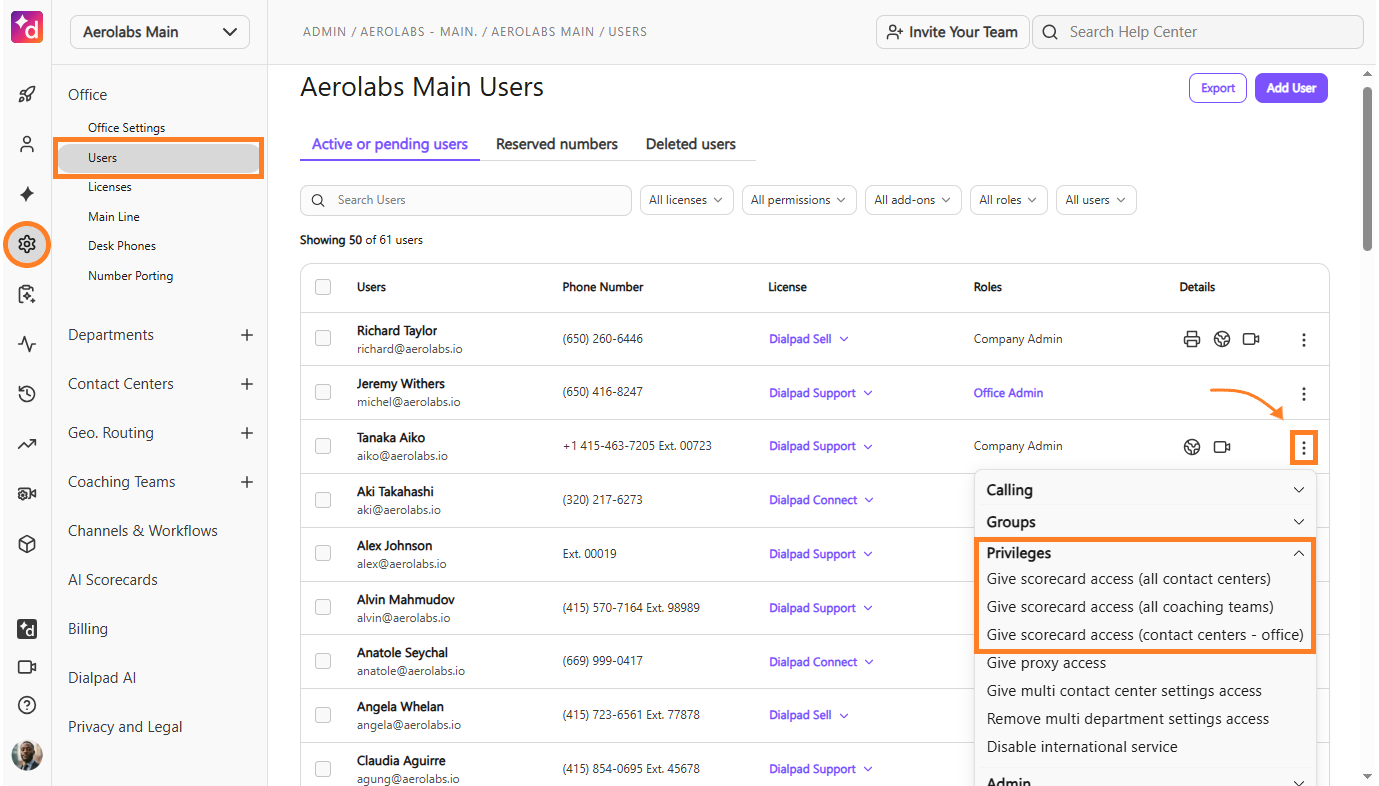 Dialpad User Privileges menu highlighting options to grant AI Scorecard access across Coaching Teams, Company Contact Centers, or Office Contact Centers.