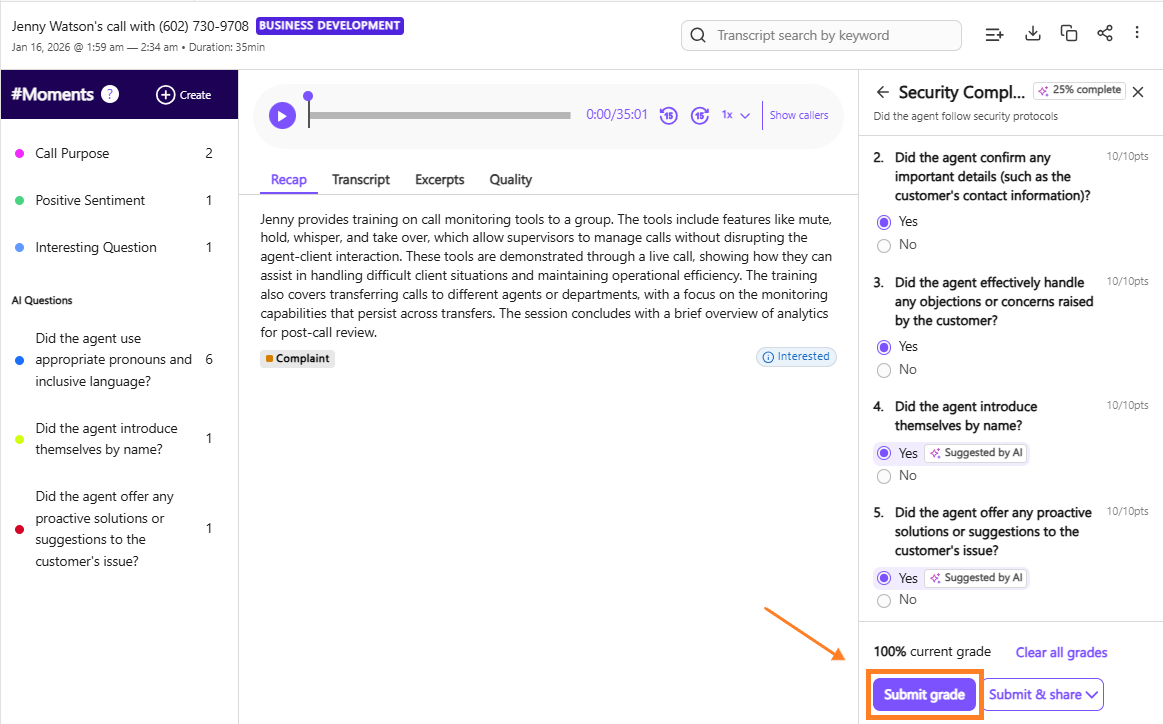AI Scorecard grading interface with a left sidebar showing triggered transcript moments and a main panel displaying AI-suggested Yes/No responses and comment fields.