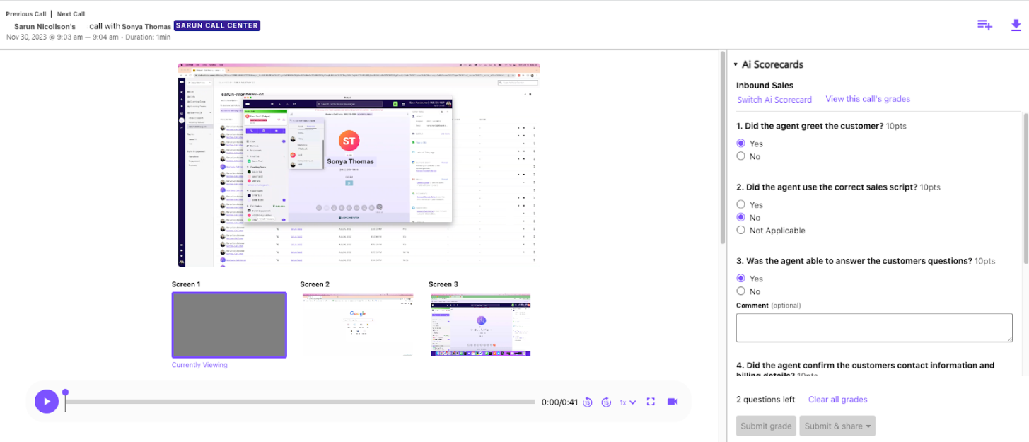 Call Summary page showing the scorecard on the right side and play bar at the bottom to listen the the call.