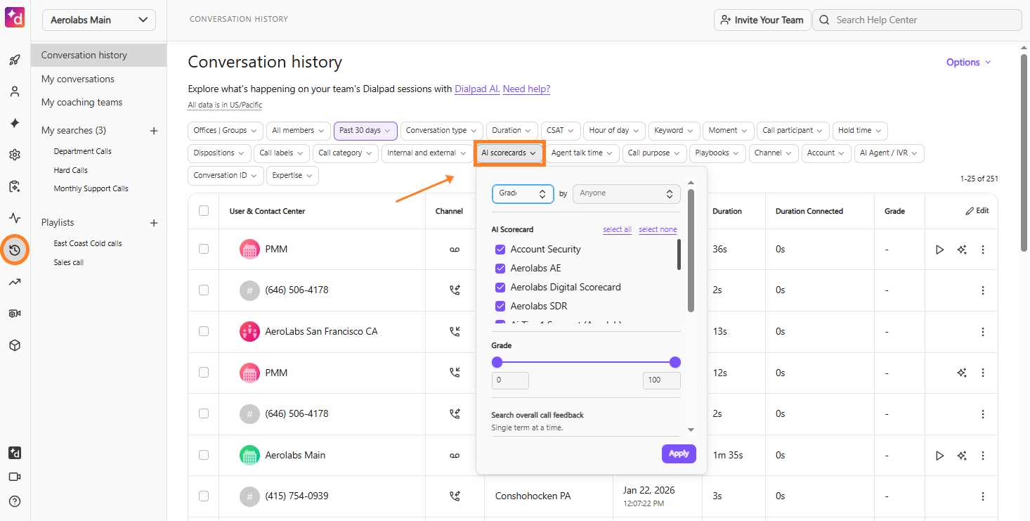 Conversation History advanced filter panel under AI Scorecards with search fields for Grader Name, Scorecard Name, Score Range, and Date Graded.