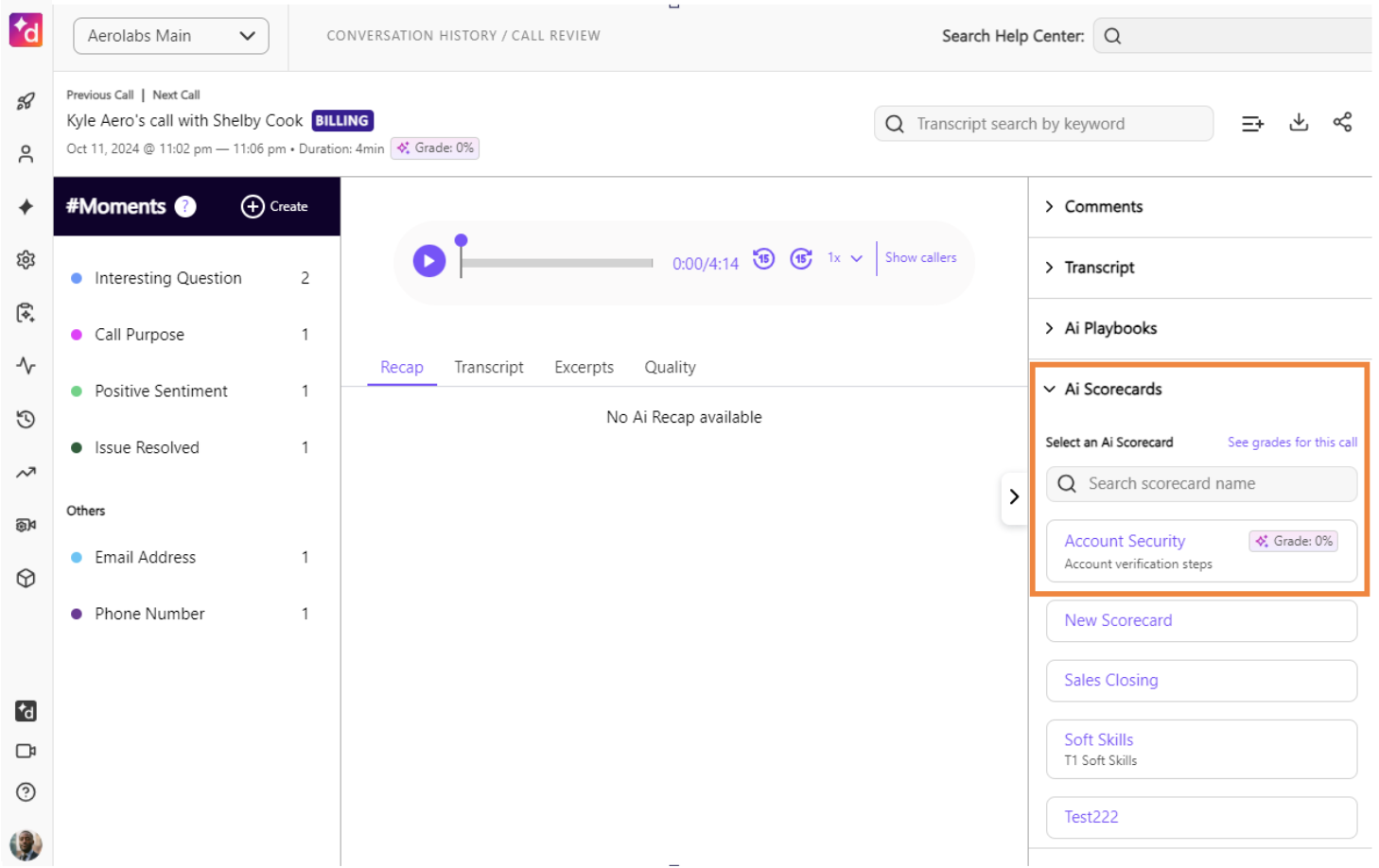 Conversation History showing the AI Scorecards in the right panel.