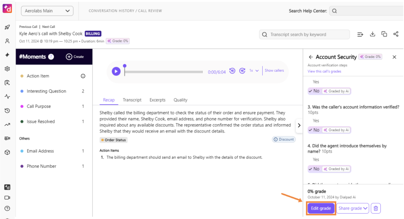 Scorecard editing view showing options to manually adjust AI-assigned Yes/No answers and save the updated score.