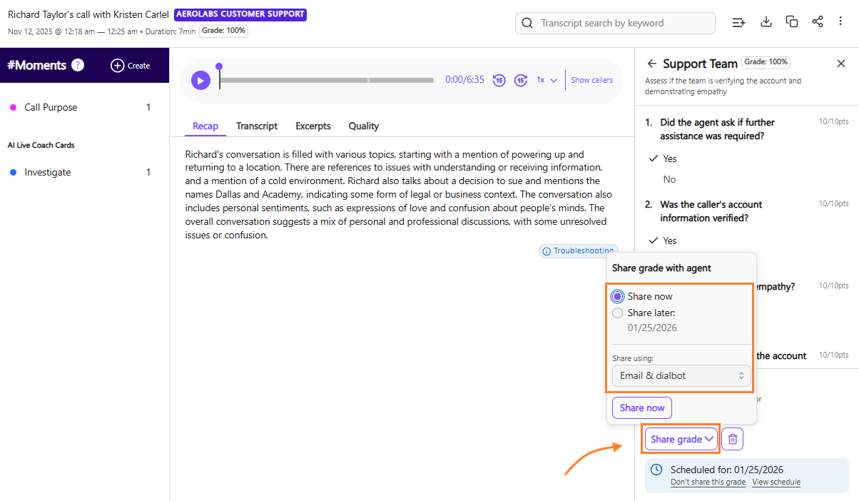Share Grade modal displaying settings for immediate or scheduled delivery, with checkboxes for notification delivery via Email, Dialbot Alert, or both.