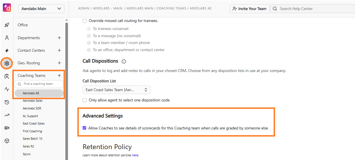 Dialpad Advanced Settings menu displaying the checkbox option "Allow supervisors to see details of scorecards when calls are graded by someone else."