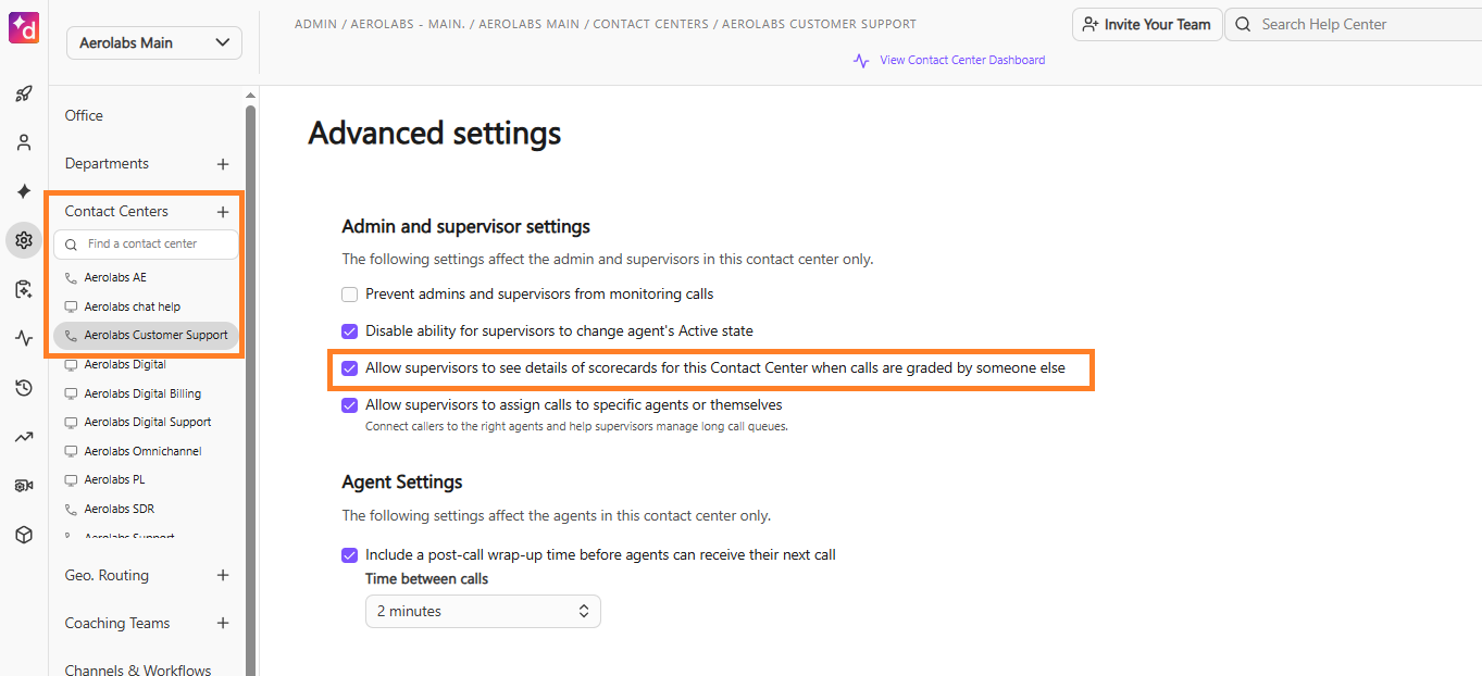 Dialpad Advanced Settings menu displaying the checkbox option "Allow supervisors to see details of scorecards when calls are graded by someone else."