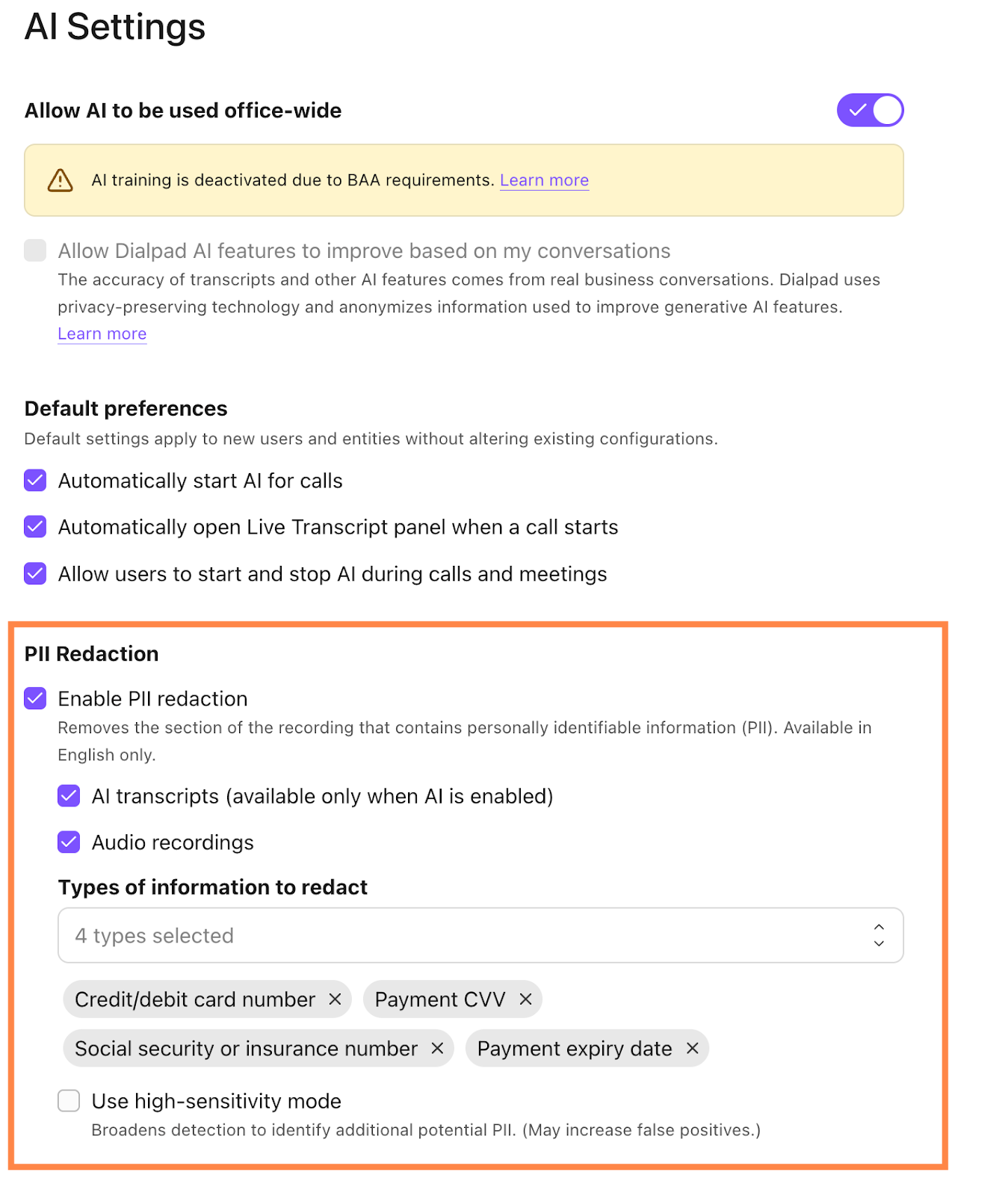 Dialpad Admin Settings under Office AI Settings, highlighting the "Enable PII redaction" checkbox alongside configuration options for applying redaction to AI transcripts, audio recordings, or both.