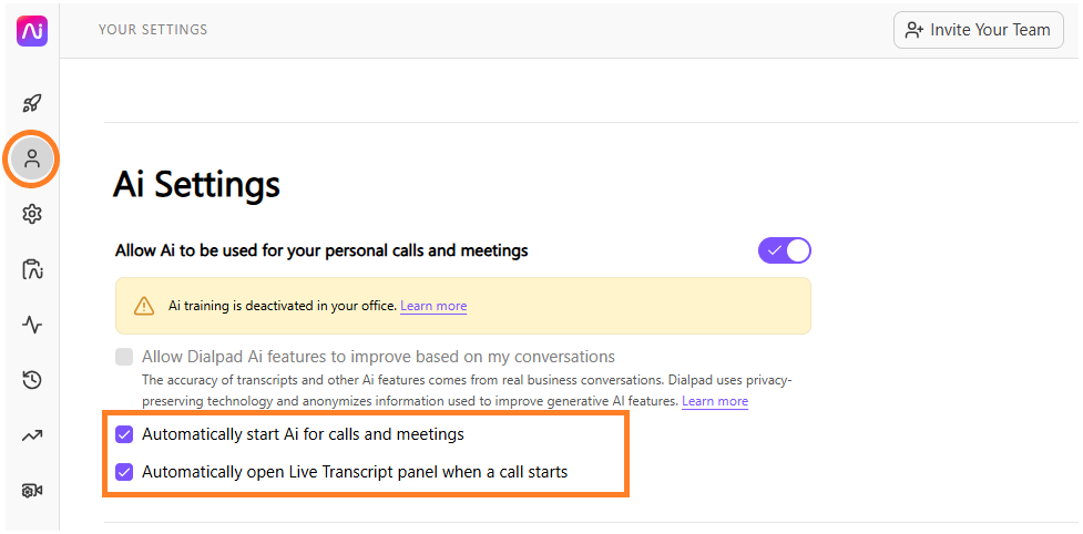 Dialpad User Settings screen under AI Settings, highlighting checked boxes for "Automatically start AI for calls and meetings" and "Automatically open Live Transcript panel when a call starts."