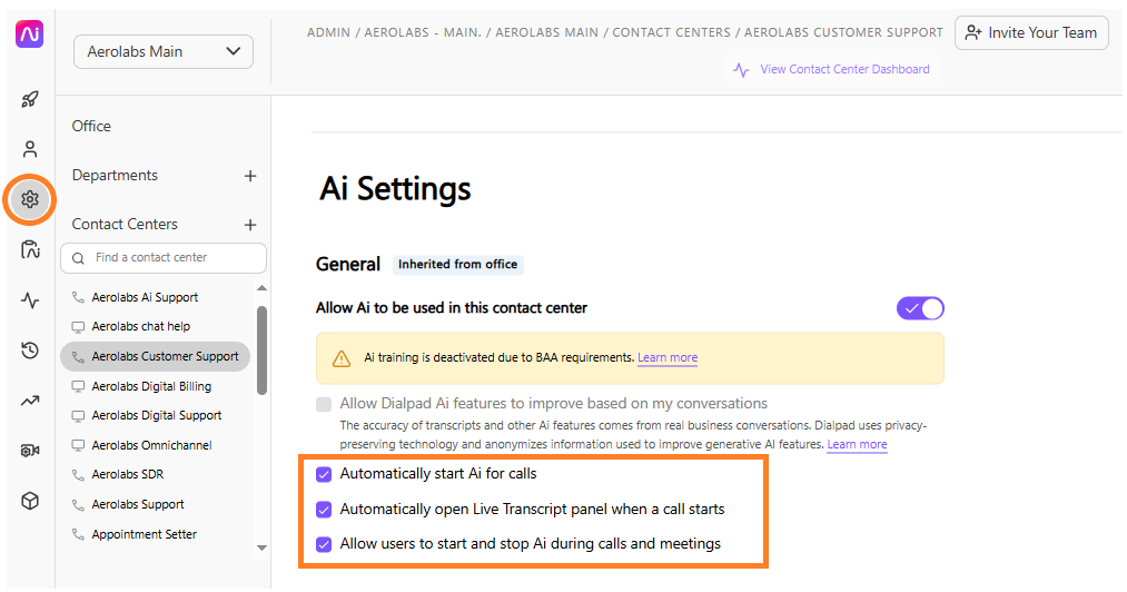 Admin Settings view for a Contact Center's AI Settings, highlighting enabled options for automatically starting AI, opening the Live Transcript panel on call start, and allowing users to control AI during calls.