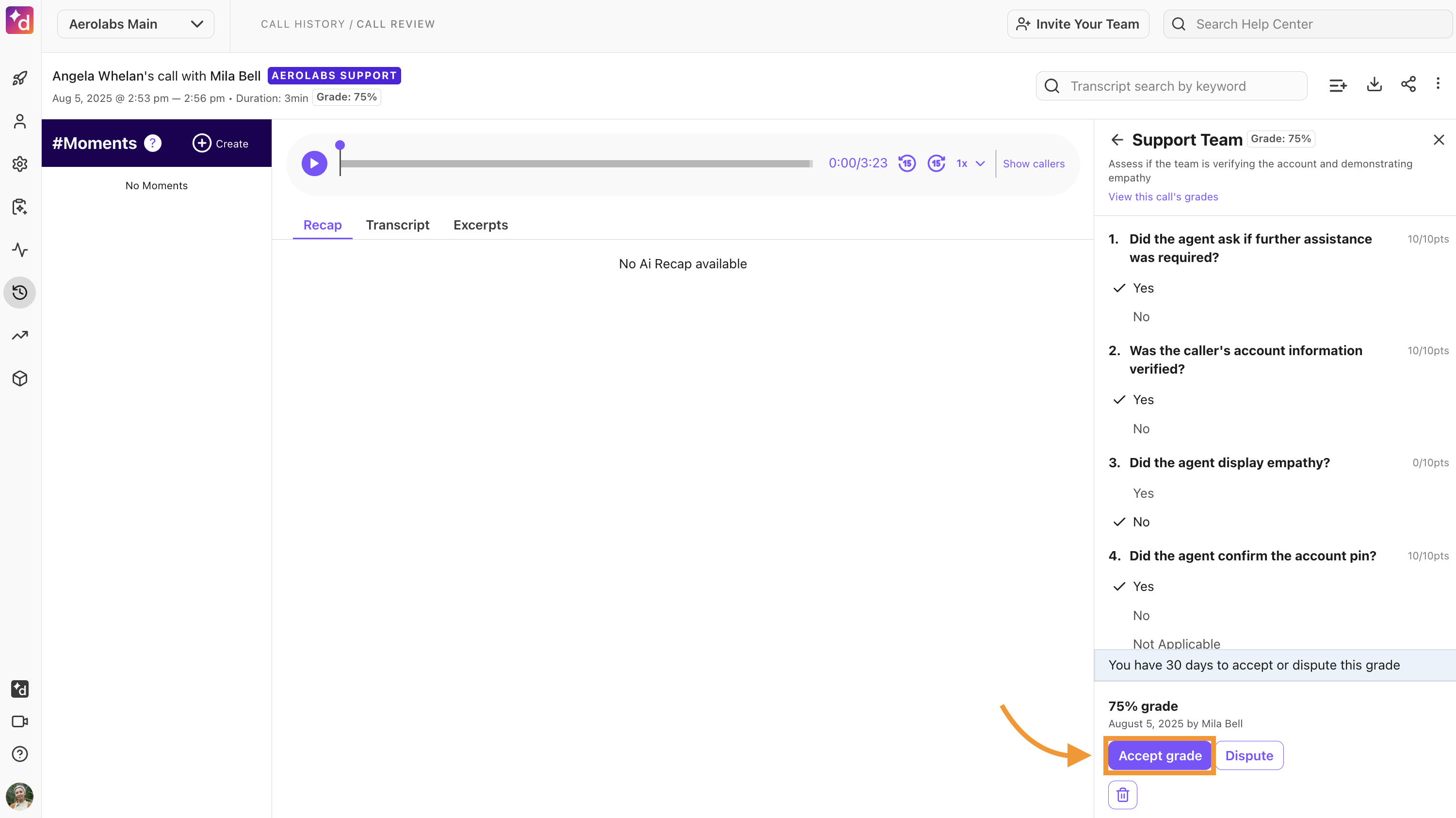 Scorecard evaluation panel showing agent performance details and highlighting the "Accept grade" button at the bottom of the screen.