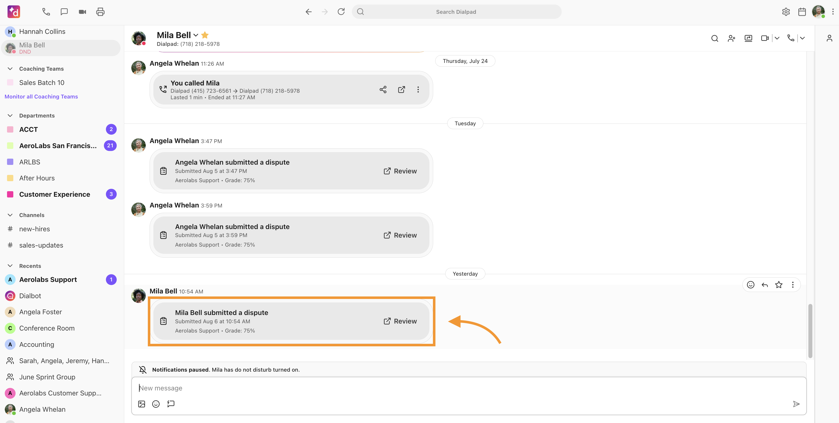 Review grade dispute from Dialpad conversation thread.