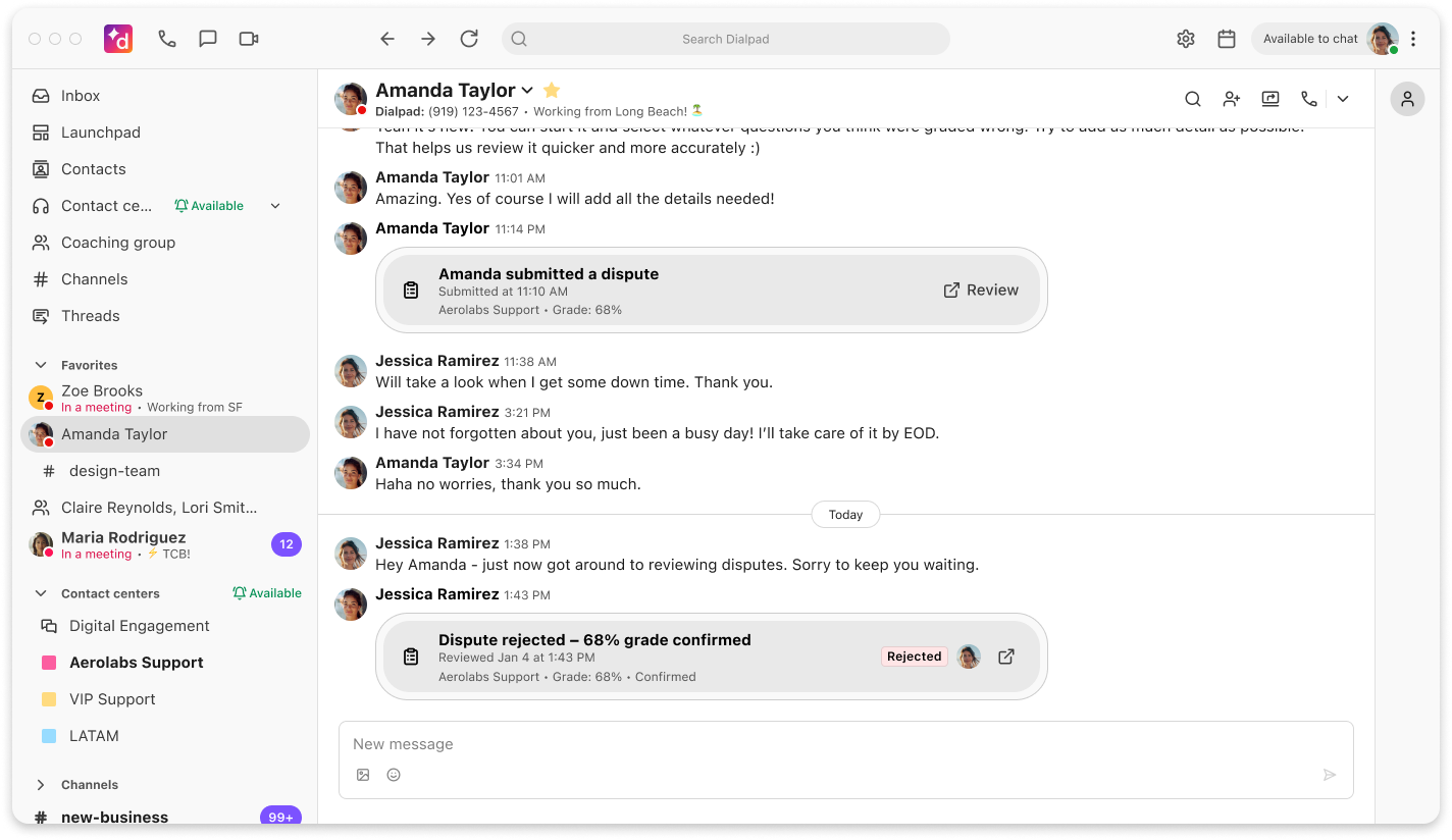 Grade Dispute rejected notification from Dialpad App.