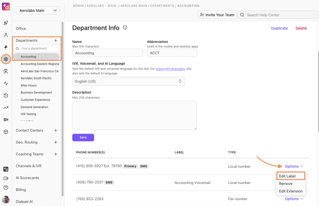 Dialpad Admin settings> Department Info. Highlighting the Edit label option.