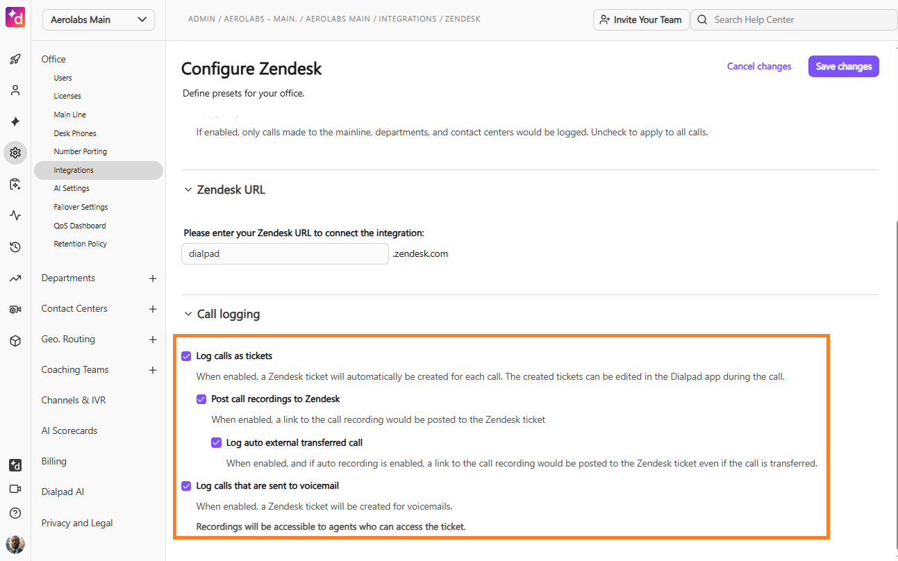 Screenshot of the Dialpad 'Configure Zendesk' page featuring an orange box surrounding the 'Call logging' options, including checkboxes for logging calls as tickets, posting call recordings, and logging calls sent to voicemail.