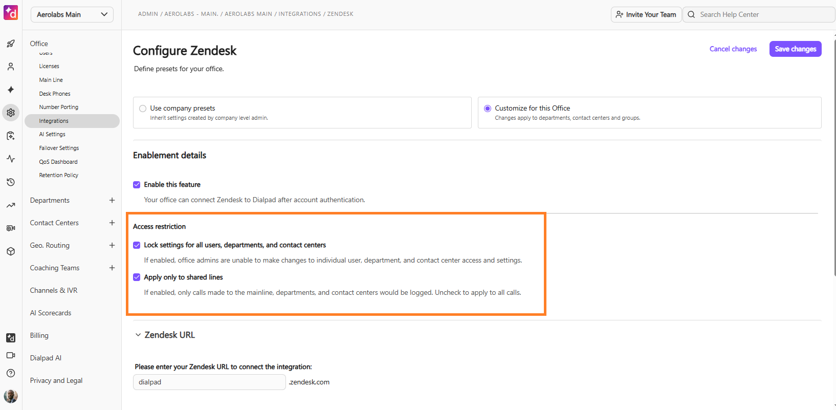 Alt Text Option  Screenshot of the Dialpad 'Configure Zendesk' settings page with an orange box highlighting the 'Access restriction' section, including checked boxes for locking settings across users, departments, and contact centers, as well as applying logging only to shared lines.