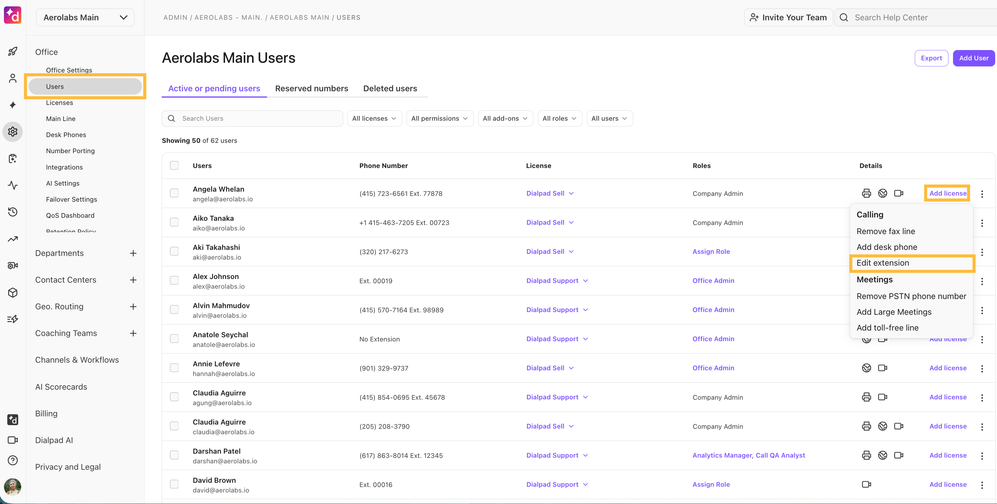 Dialpad Admin Settings navigation menu under Office Settings, highlighting the "Users" option in the left sidebar.