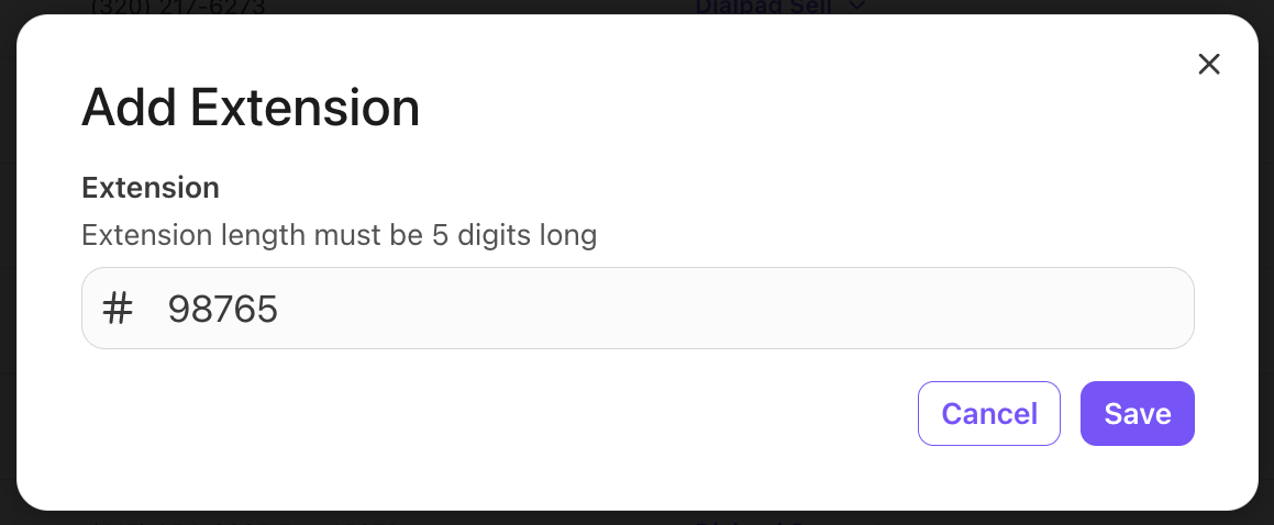User profile configuration panel highlighting the "Extension" input field with options to assign or edit a unique 3 to 6-digit extension number.