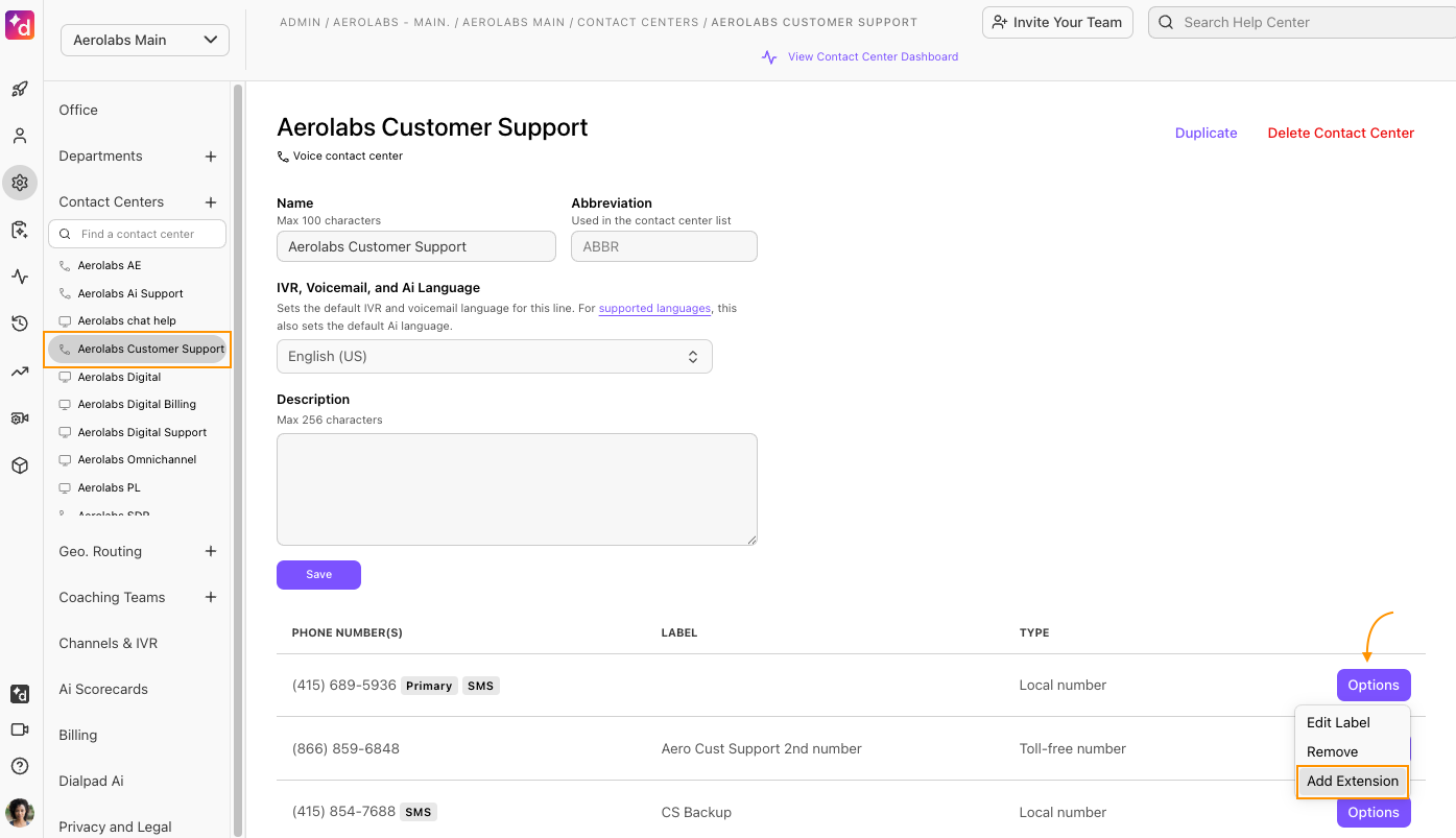 Dialpad admin setting for mainline with Add Extension button highlighted.