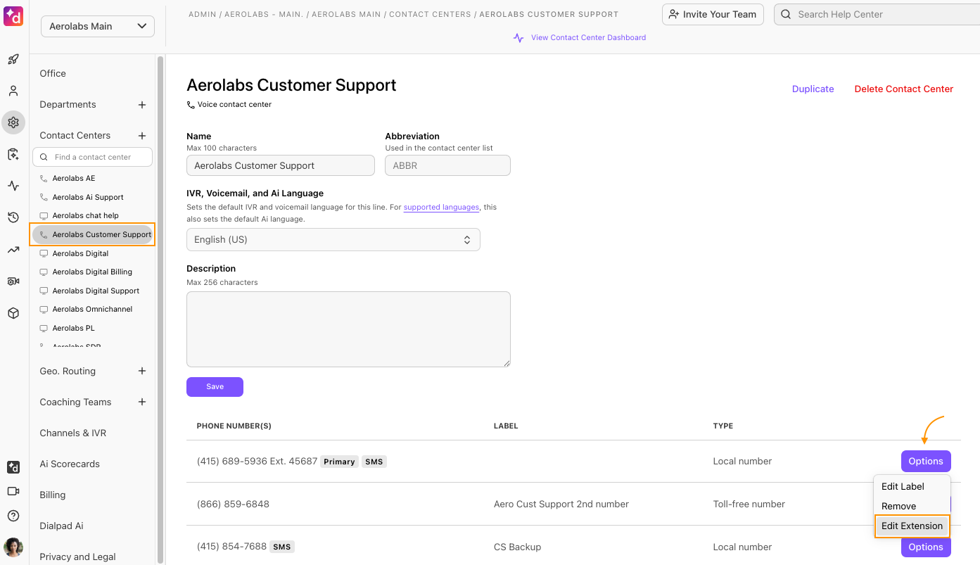 Dialpad admin setting for mainline with Edit Extension button highlighted.