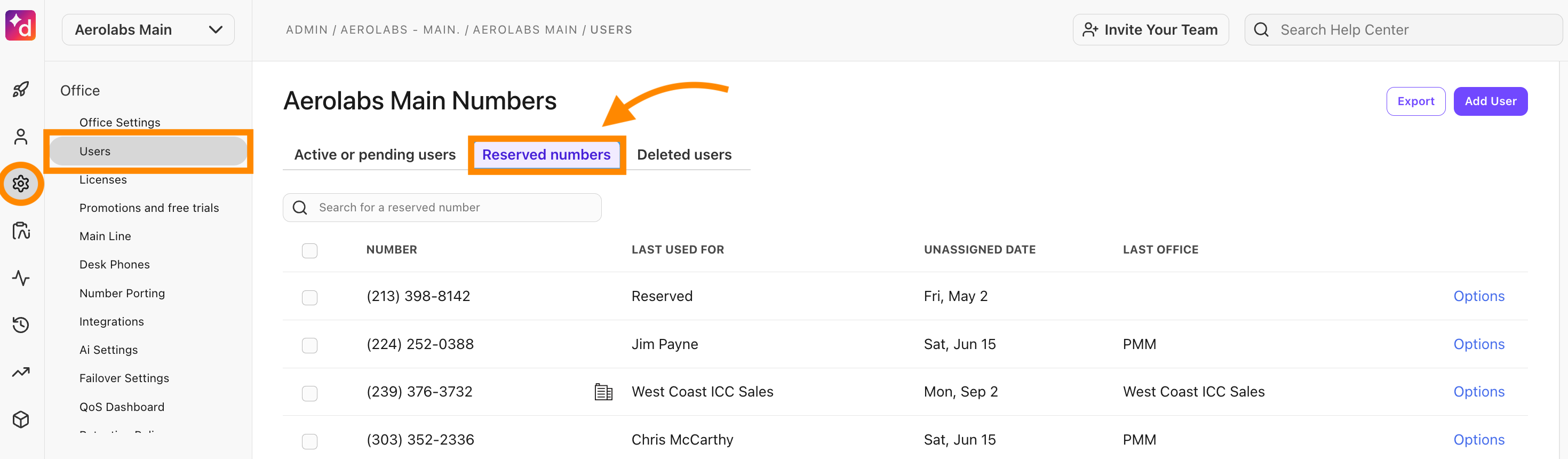 Dialpad Admin Settings page under Office Settings highlighting the "Phone Numbers" tab, displaying lists of assigned and unassigned reserved numbers.