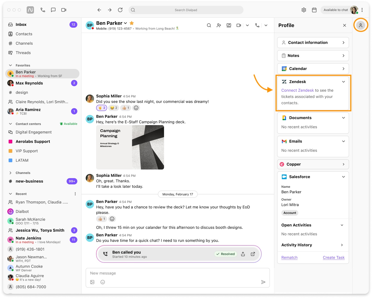 Screenshot of the Dialpad desktop application showing a conversation with Ben Parker, featuring orange highlights on the profile icon in the top right and the 'Connect Zendesk' link inside the Zendesk widget in the right panel.