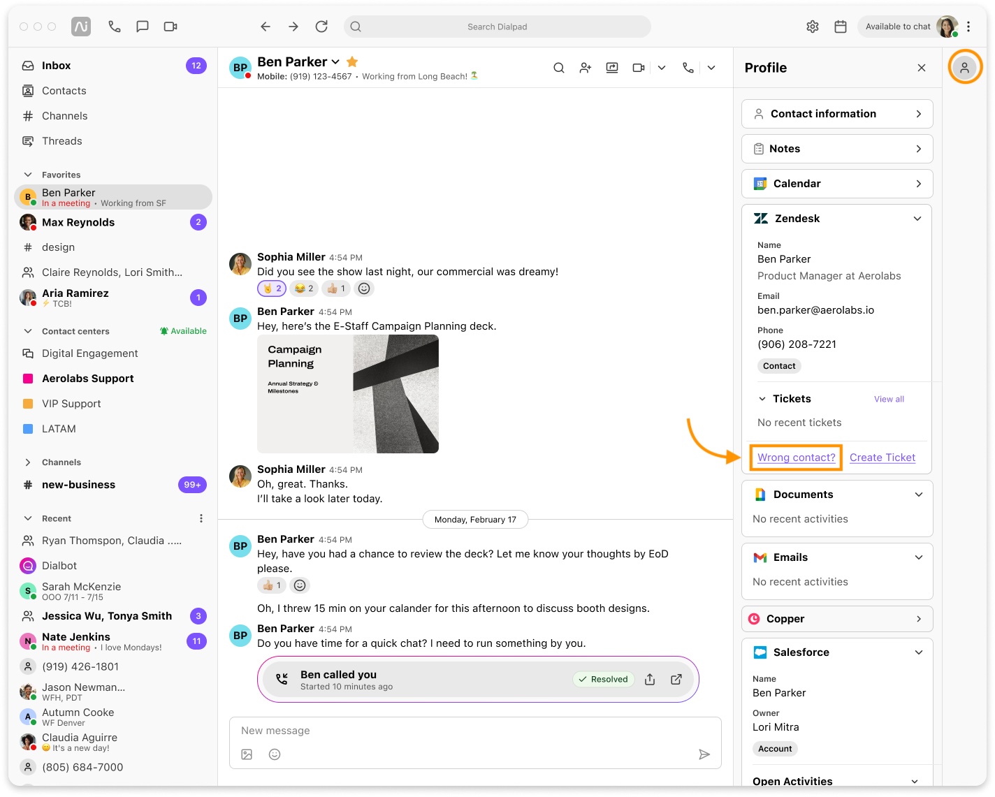 Screenshot of the Dialpad application interface featuring an orange box and arrow highlighting the 'Wrong contact?' link inside the Zendesk widget in the right profile sidebar.
