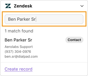 Screenshot of the Zendesk widget search interface inside Dialpad featuring an orange box highlighting a search input field with the text 'Ben Parker Sr', displaying one match found below.