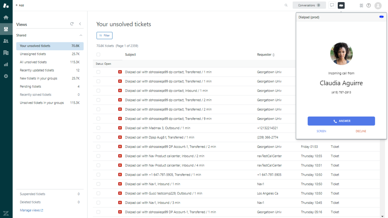 Screenshot of the Zendesk Agent view displaying an incoming call notification from Claudia Aguirre inside the expanded Dialpad widget on the right, featuring blue 'ANSWER', 'SCREEN', and 'DECLINE' call options.