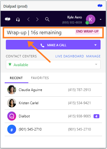Screenshot of the Dialpad widget displaying a post-call wrap-up timer bar, highlighted in orange with an arrow pointing to the 'Wrap-up | 16s remaining' status banner and 'END WRAP-UP' option.