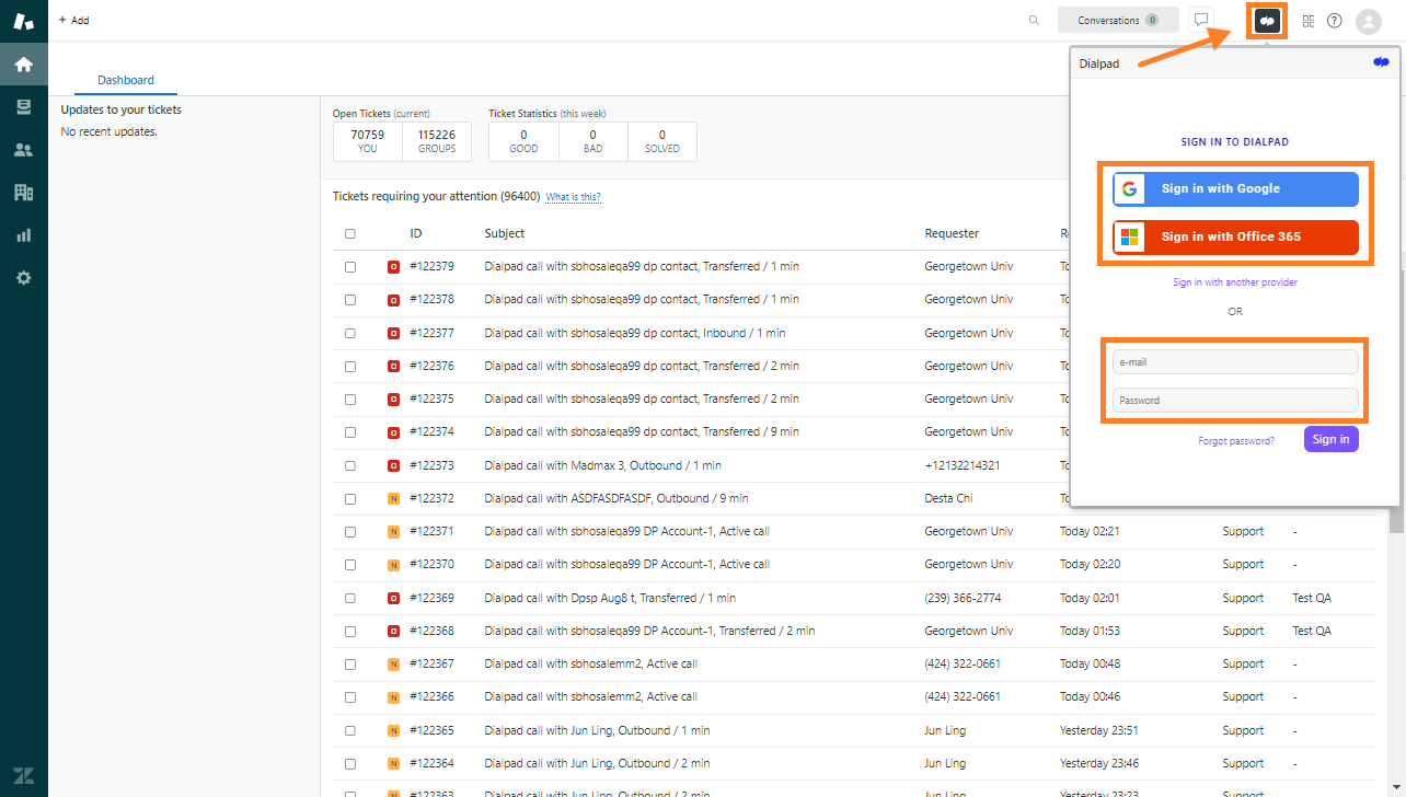 Screenshot of the Zendesk Agent view interface featuring orange highlights pointing to the top-right Dialpad logo icon and highlighting the 'Sign in to Dialpad' options (Google, Office 365, or email and password fields).