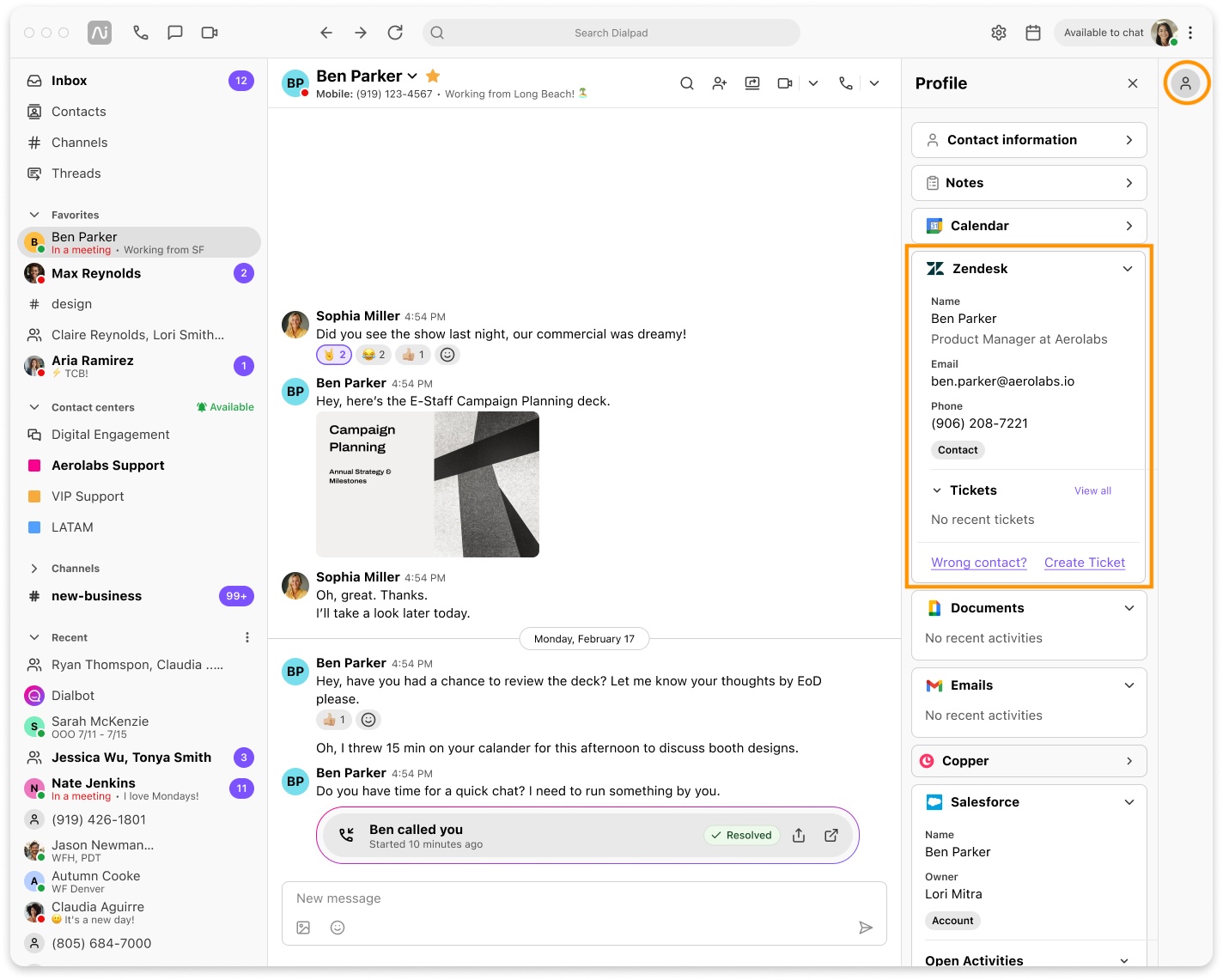 Screenshot of the Dialpad app displaying a conversation with Ben Parker, featuring an orange box highlighting the Zendesk widget in the right profile sidebar, which shows user contact details, ticket status, and links to 'Wrong contact?' or 'Create Ticket'.