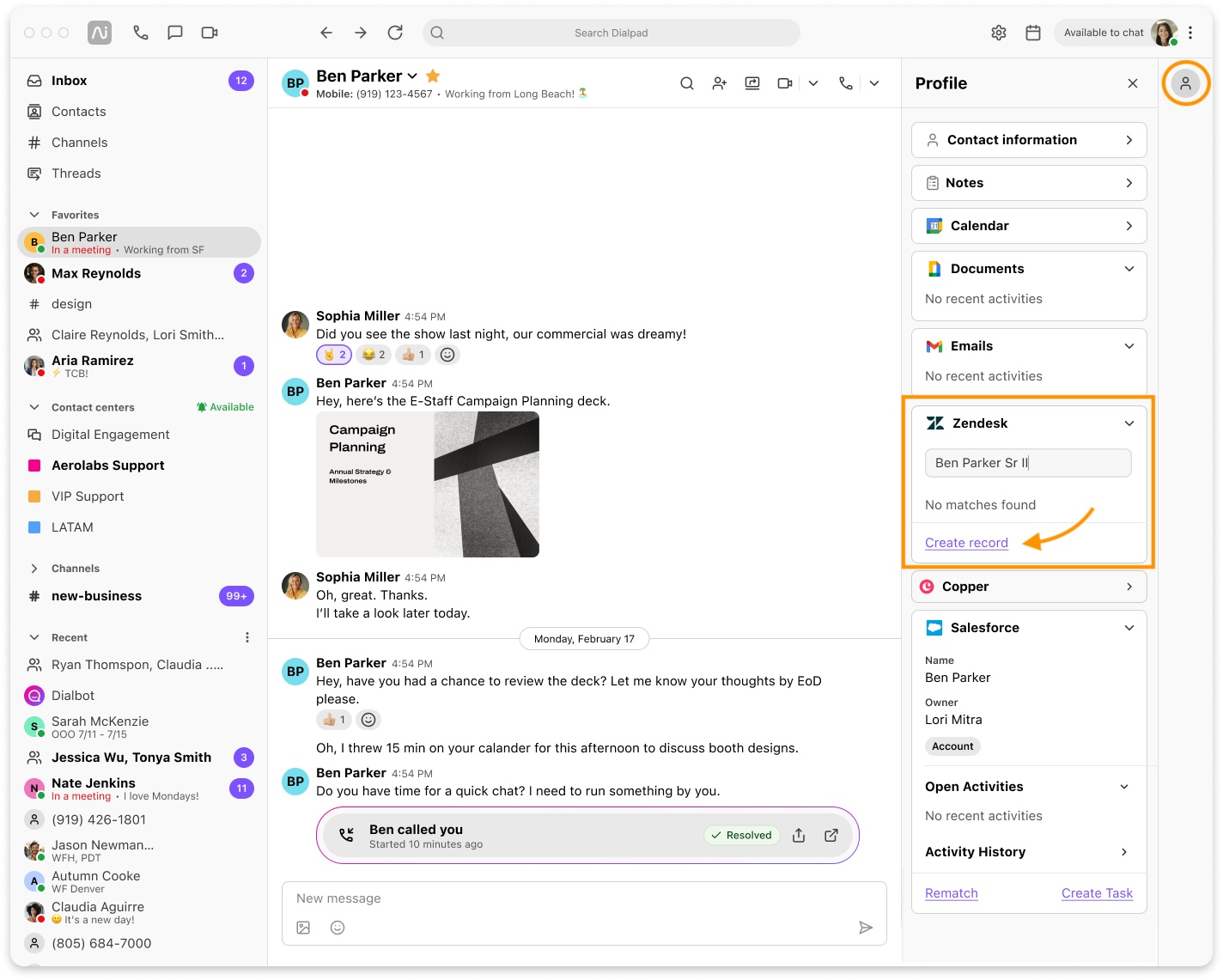 Screenshot of the Dialpad desktop app displaying a chat conversation, featuring an orange box and arrow highlighting the 'Create record' link within the Zendesk widget when no contact matches are found.